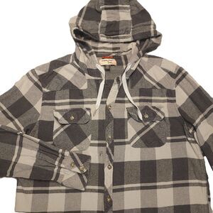 Triple Five Soul Mens L  Shacket Flannel Shirt Jacket Plaid Long Sleeve Hooded